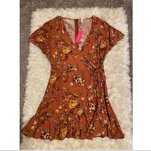 Burnt Orange Fall Floral Wrap Dress